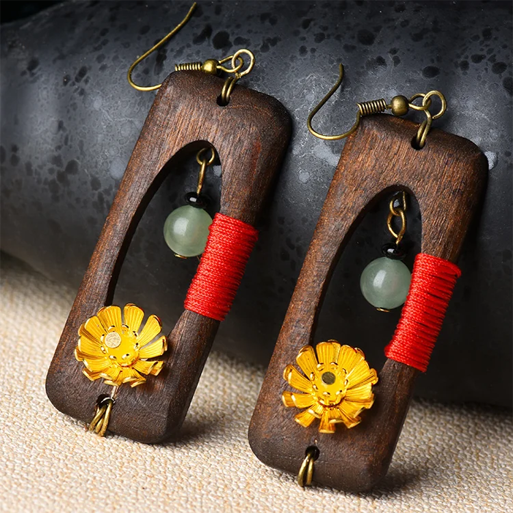 

Recycled Handmade Vintage Brass Gold Flower Long Rectangle Drop Geometric Wooden Earrings