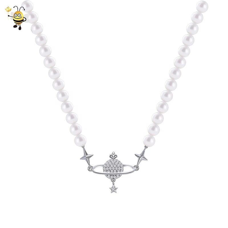 

Amazons Hot selling 925 Sterling Silver Saturn Planet Pendants Handmade Pearls Chain Choker Short Necklaces