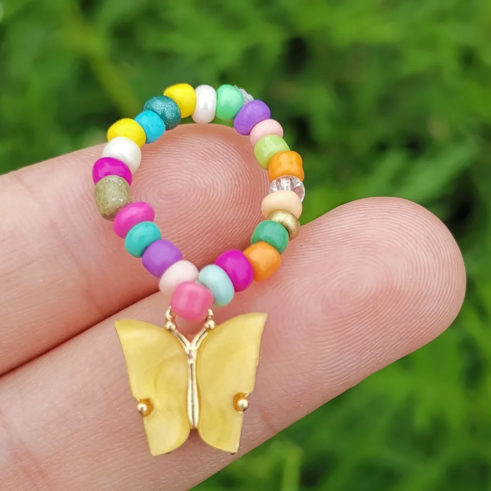 

Summer Boho Bohemian Butterfly Seed Beaded Rings Elastic Colorful Beads Butterfly Rings