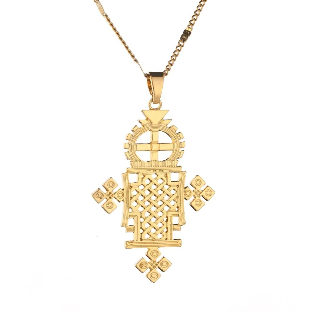 

Ethiopian Gold Color Cross Pendant Necklace 24k Gold Plated Eretrian Coptic Crosses African Jewelry