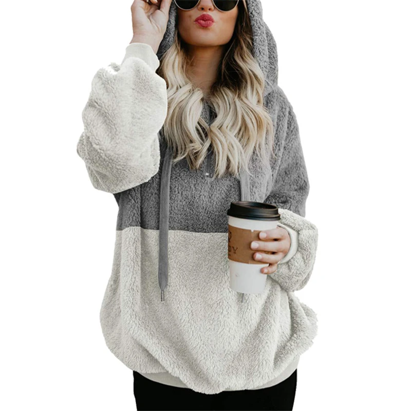 

Rummandy Fashion Zipper Pocket Hooded Tops Women's Color Matching Plush Sweater Factory sale fashion pullover sweatshirt factory, Customized color