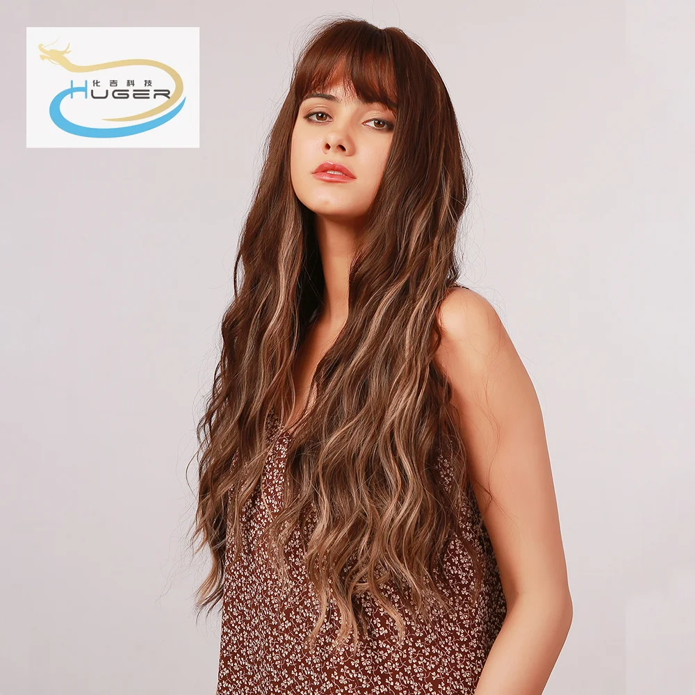 

Wholesale latest fashion styles wavy synthetic lace long hair brown wig with bangs