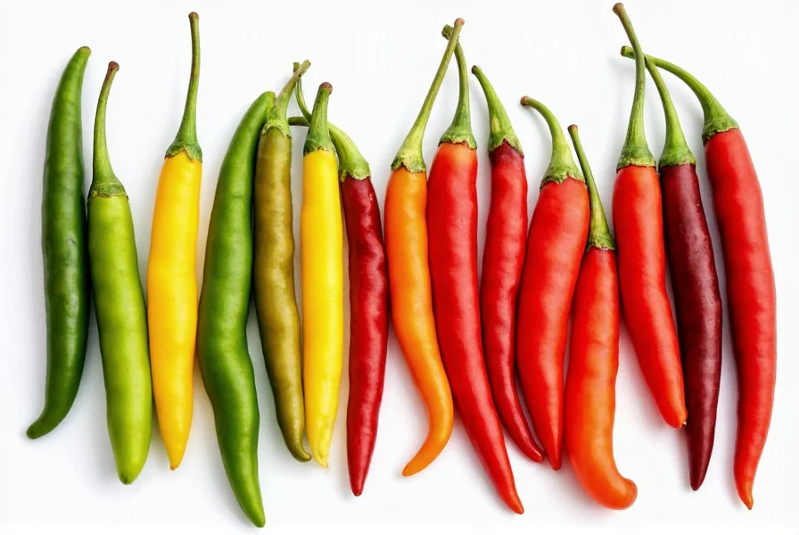 Colorful array of different chili pepper varieties showing size and color variations from green to red
