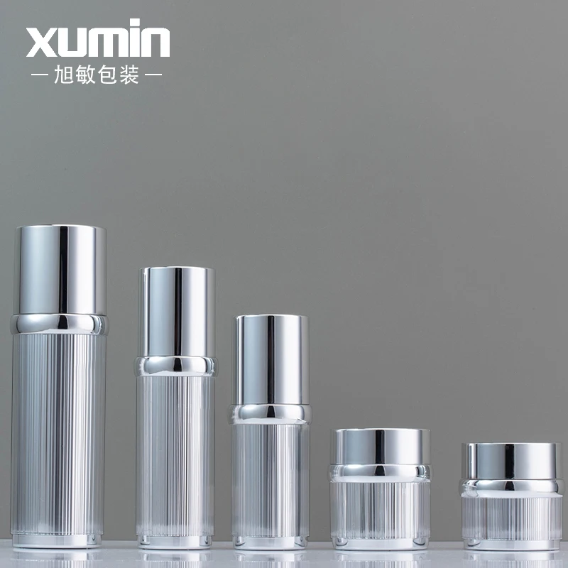 

new design cosmetic packaging luxury acrylic bottles acrylic silver lid jar skincare 30g 50g 30ml 50ml 100ml custom pump bottle