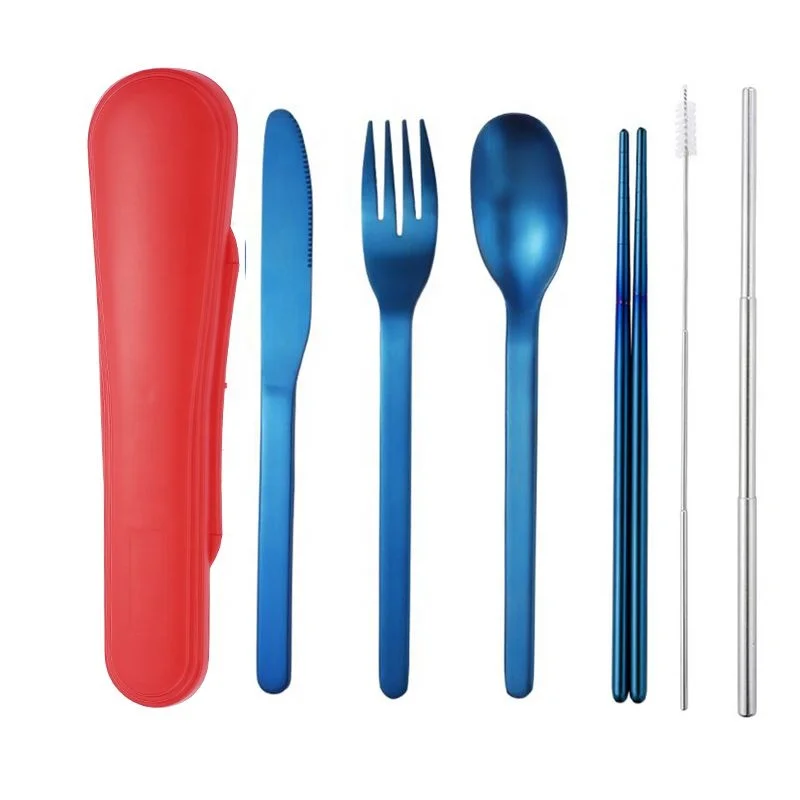 

Wholesale Portable Travel Cutlery Set Utensil 5PCS Stainless Steel Blue Flatware Set Reusable Knife Fork Spoon Chopsticks Straw