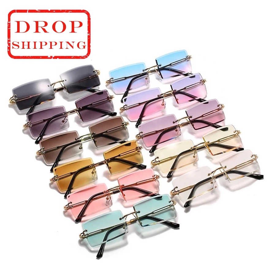 

2021 wholesale vintage rimless rectangle lady women shades sunglasses, 17 colors