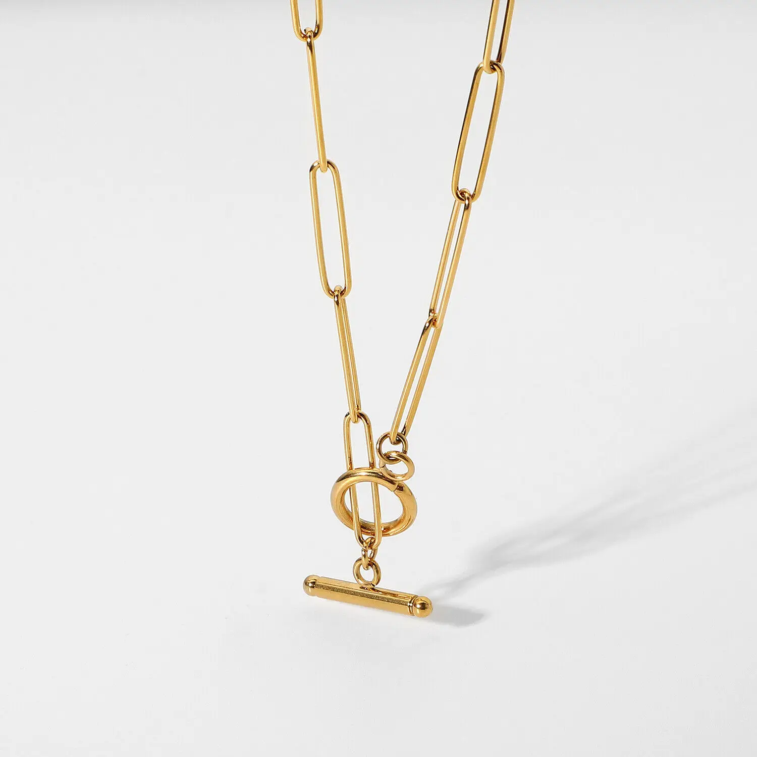 Fashion Waterproof Jewelry 18K Gold Plated Stainless Steel Paper Clip OT Buckle Chain Clavicle Necklace YF2282