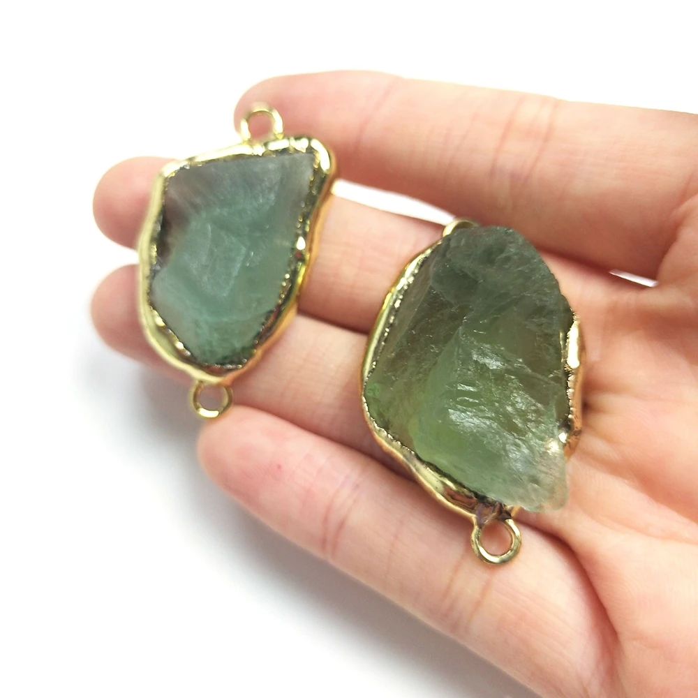 

Beautiful Green Fluorite Quartz Gemstone Irregular Shape flat back Gold Plated Jewelry Making Double Bails Bezel Connector gifts