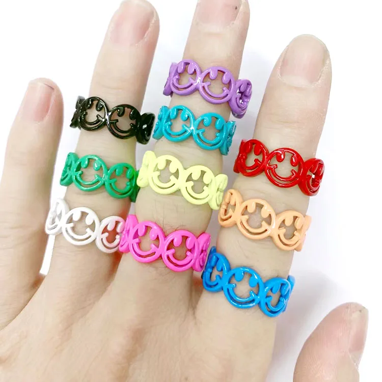 

RA1027 personalism Enamel Rainbow Colored Brass metal smile hollow Stackable Rings gifts for Ladies