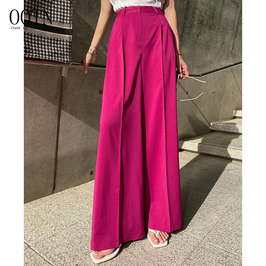 

OOTN Rose Red Elegant All-Match Trendy Full Length Pants Office Baggy High Waist Summer Wide Trousers Streetwear Pants Women