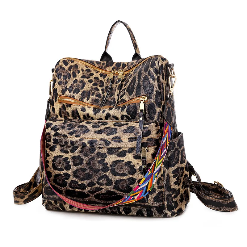 

Free Shipping Brown Leopard Women Leather Large Backpack With Guitar Strap Lady PU Leather Convertible Shoulder Bag for Girls