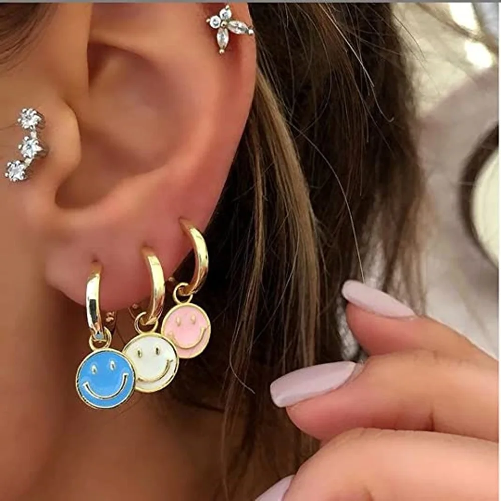 

MICCI Wholesale Custom PVD 18K Gold Plated Stainless Steel Jewelry Student Style Cute Happy Smile Smiley Face Hoop Earrings