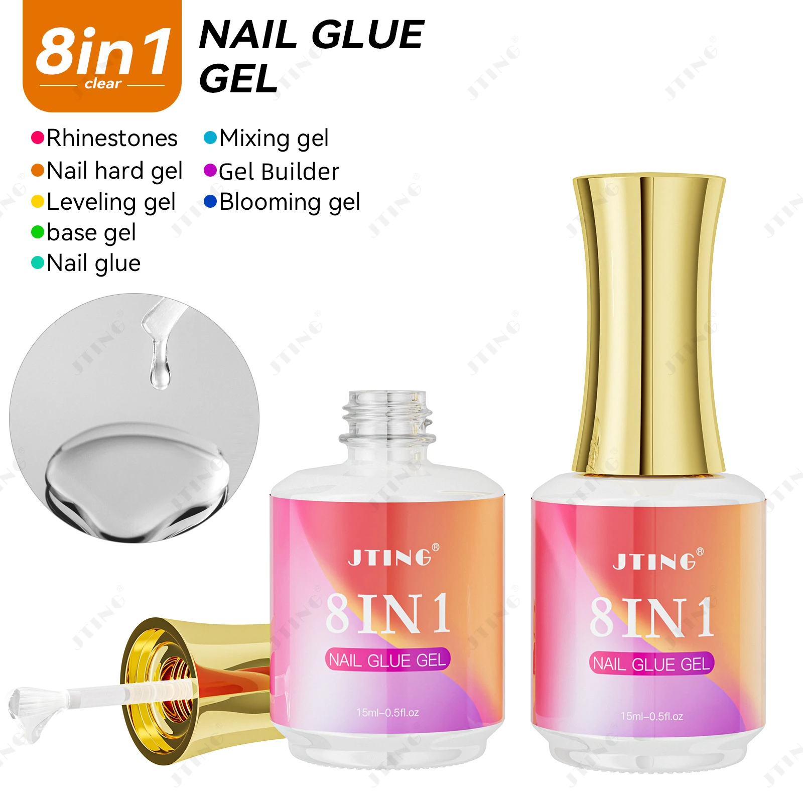 

JTING Hot popular 8in1 multi function nail glue gel for Rhinestone OEM ODM nail hard top coat base gel Nail Blooming Mixing gel