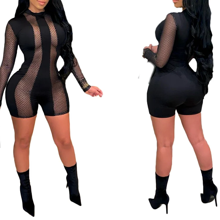 

Night club sexy black net yarn long sleeve short mesh jumpsuits