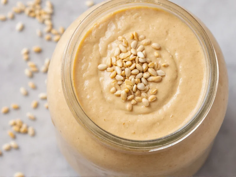 Creamy homemade tahini in glass jar with sesame seeds