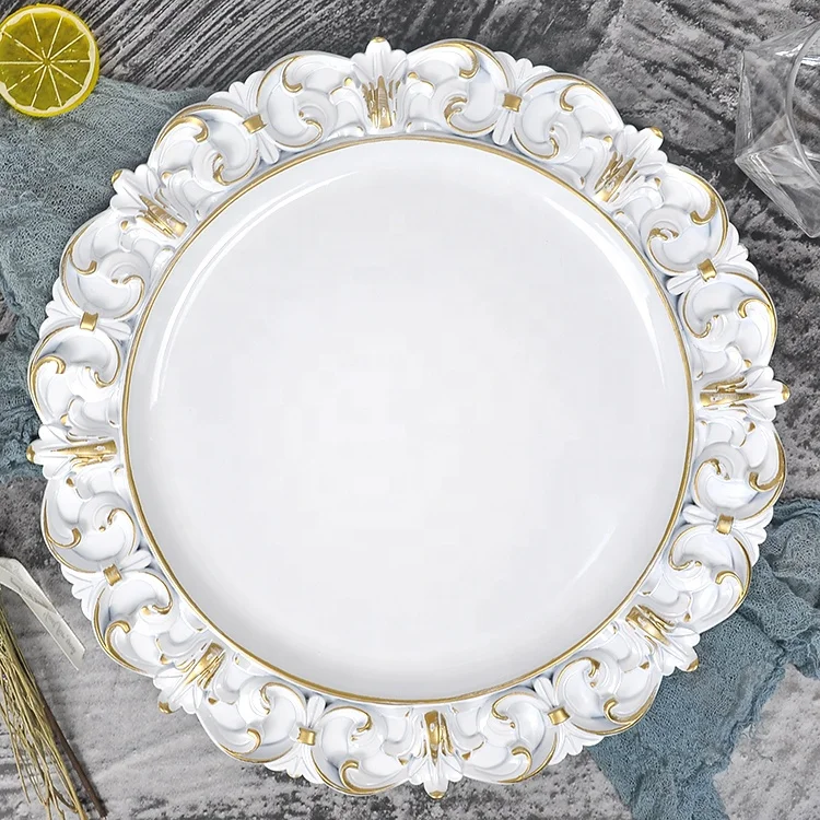 

Cheap reusable wedding decorative charger plastic gold plates, White and gold