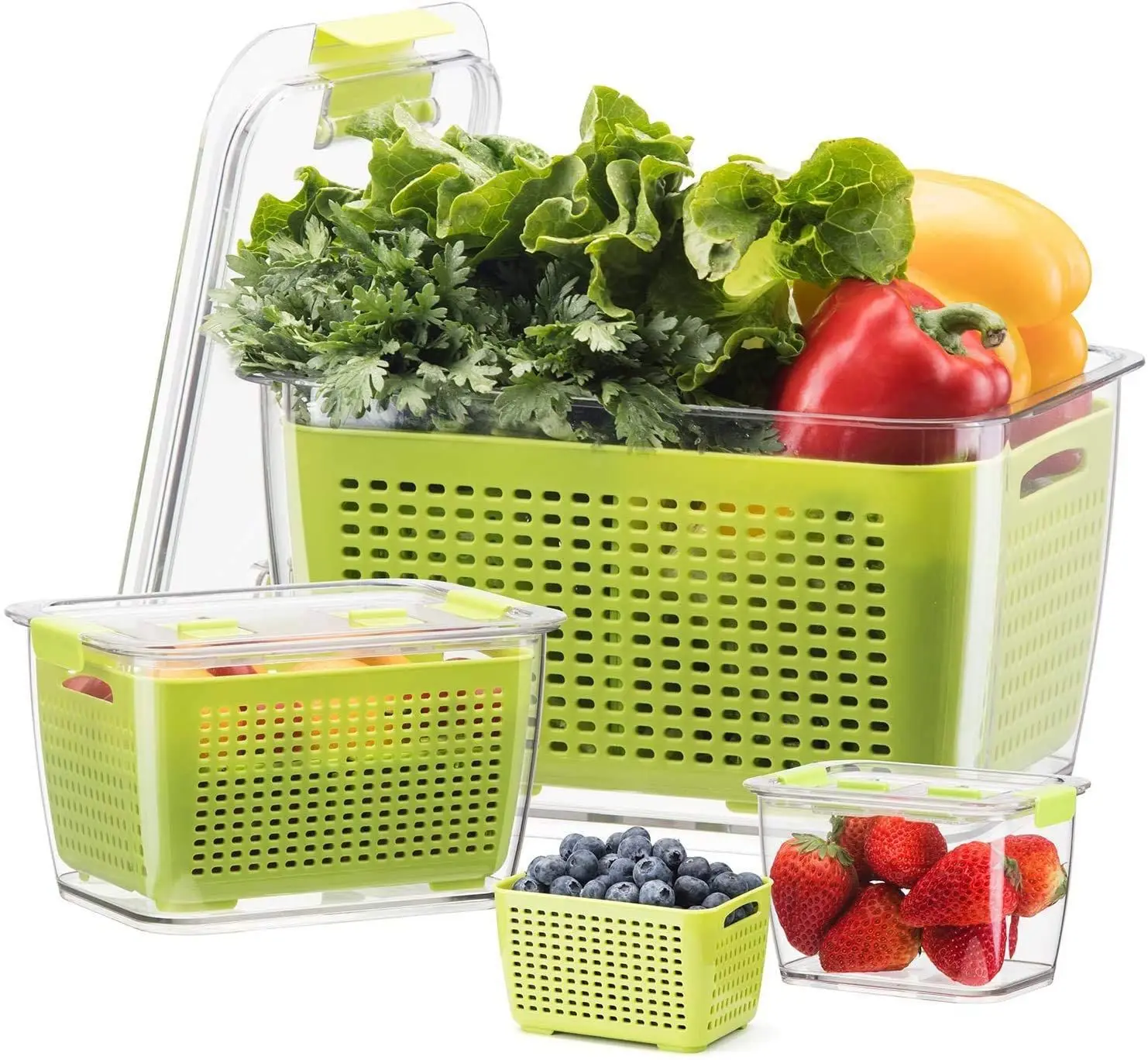 

Vegetable Fruit Fresh Airtight Lid Organizer Grid Drain Basket Clear Kitchen Fridge Refrigerator Food Storage Box Containers, As picture or customized