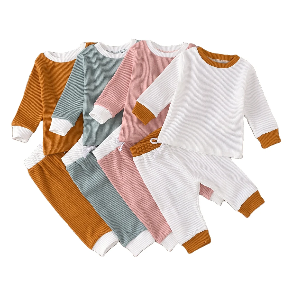 

Kids Clothing Spring long sleeve plain color organic Cotton ribbed Outfits Pants Girls baby clothes newborn rompers sets