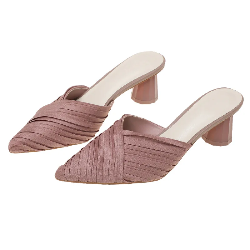 

Dropshipping Thick Shaped Heel Sandal For Women Footwear Ladies Sandals Pointed Suede Elegant Muller Sandals Matching Dress