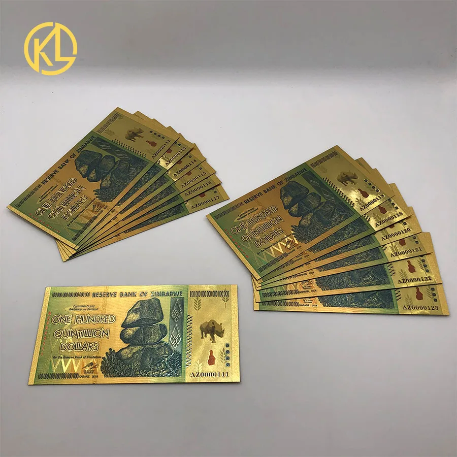 

Rhinoceros one hundred Quintillion Dollars Zimbabwe 24K Gold Banknote with security watermark for souvenir and collection gifts