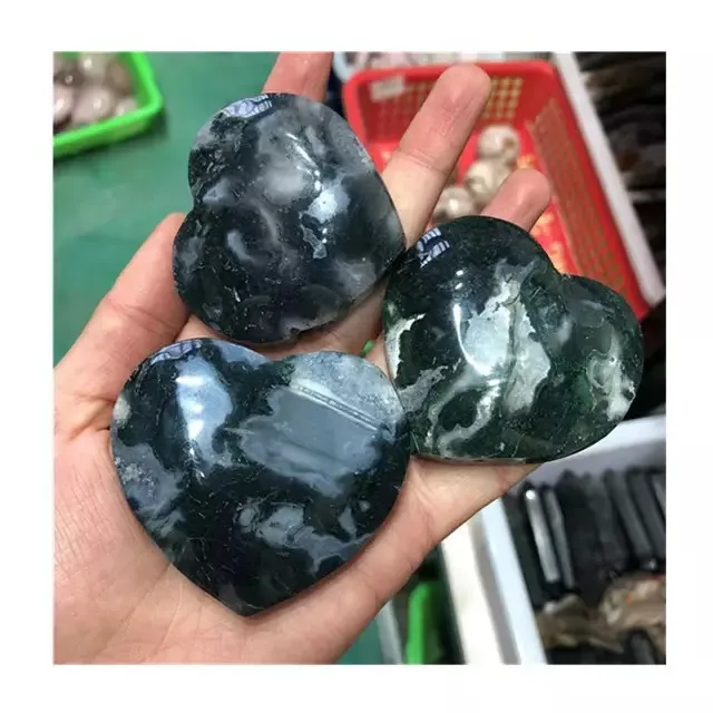 

Wholesale natural carved gemstones green moss agate hearts crystal precious stones for home decor