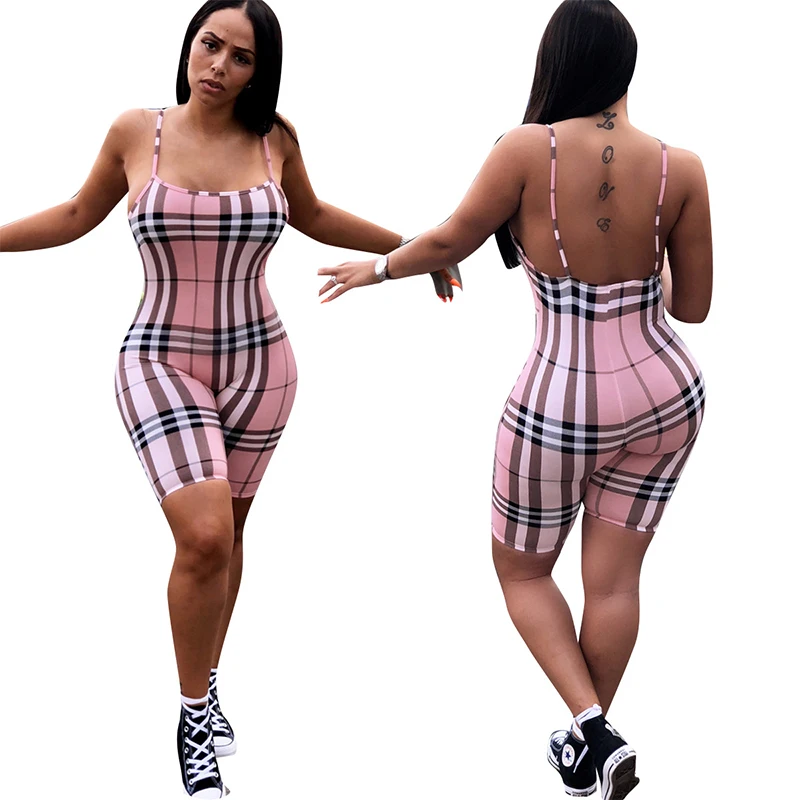 

Wholesale Women's Sling Check Printing Tank Top Sleeveless Drawstring Hot Pants Shorts Sexy Jumpsuit, Shown