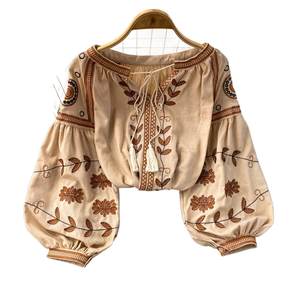 Wholesale 2026 Autumn Vintage Ethnic Style Long Sleeve Round Neck Loose Embroidered Cotton Hemp Pullover Women's Shirts