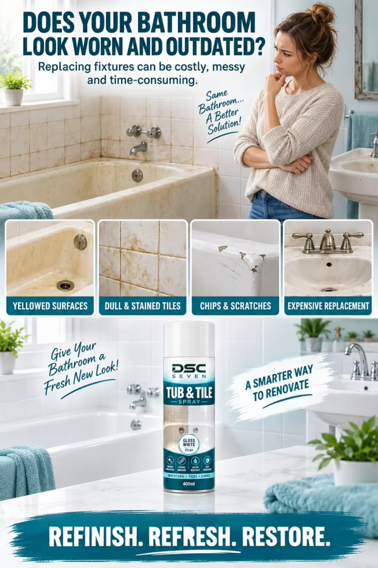 Acrylic Chip Resistant Tub and Tile Spray Paint Gloss White Strong Adhesion Water Resistant Aerosol Bathtub Tile Sink 400ml