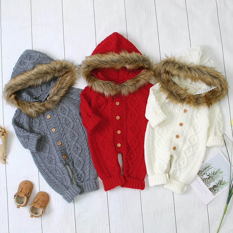 

Wholesale newborn Baby winter knitted solid jumpsuit long sleeves fur collar hooded sweater rompers for babies, Picture shows