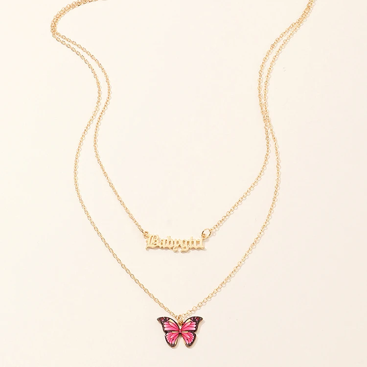 

European and American jewelry ins trend letter babygirl necklace, temperament color butterfly pendant, Picture shows