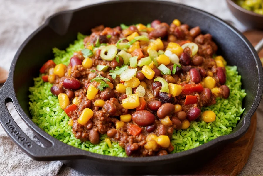 Colorful vegetarian chili with three types of beans served over bright green cilantro-lime rice in a cast iron skillet
