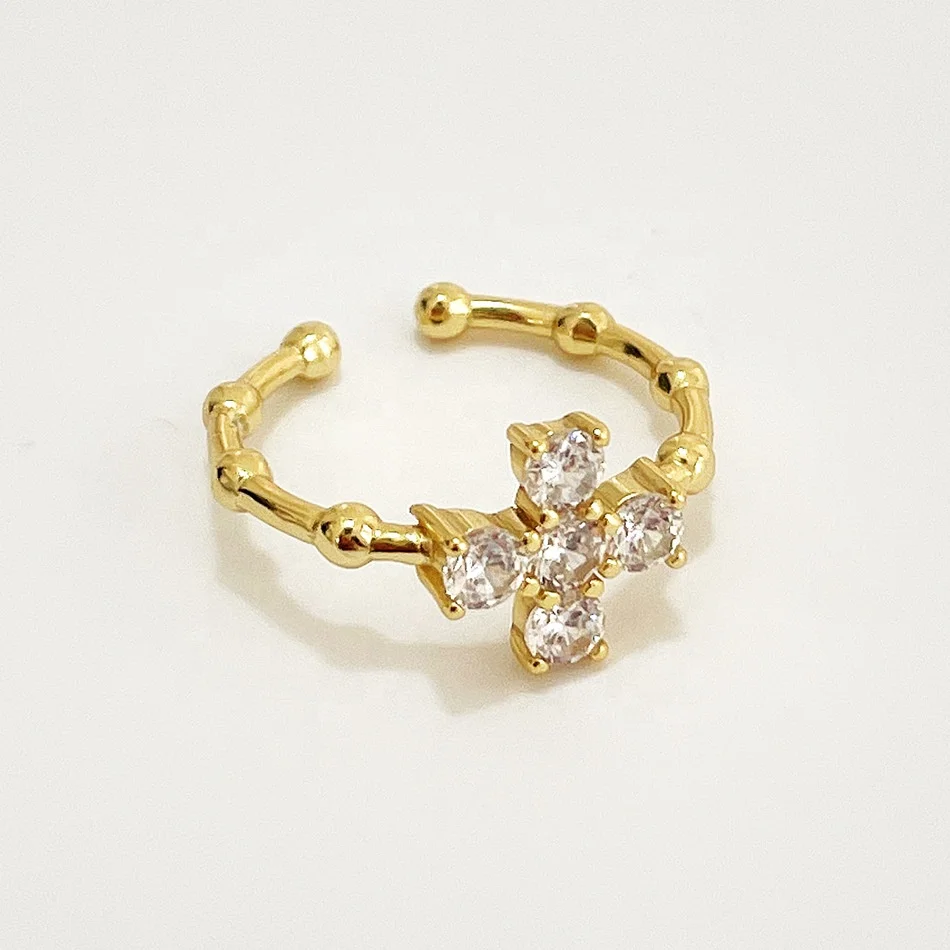 

INS  Geometric Gold Plated Cross Ring with Zircon 925 Sterling Silver Thin Bead Cross Zircon Adjustable Ring for Women