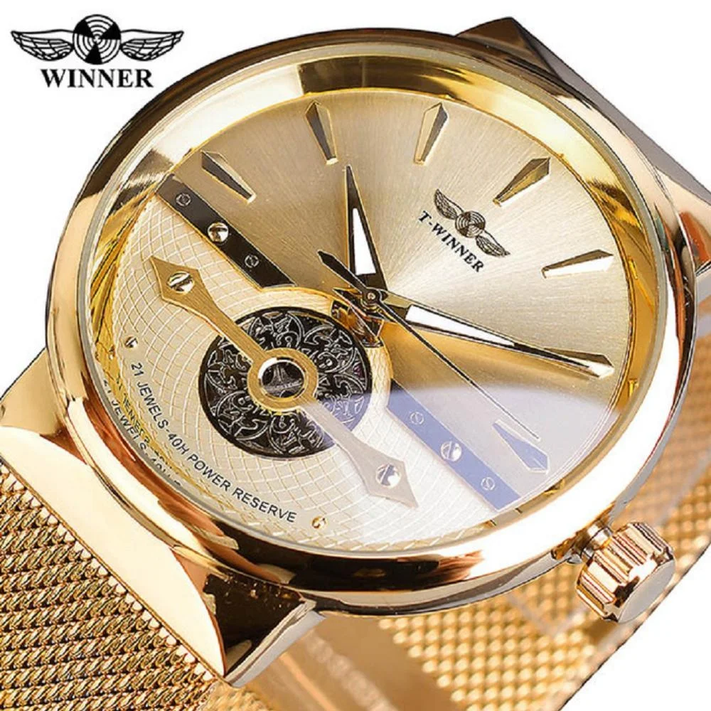 

Winner Male Golden Watches Automatic Business Wrist Watch Skeleton Analog Mesh Steel Band Self-Wind Mechanical Reloj Hombre, 5-colors