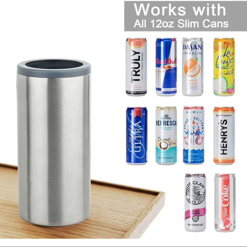 
2020 new ideas 12oz double walled stainless steel vacuum insulated slim beer can holder cooler insulator with lid 