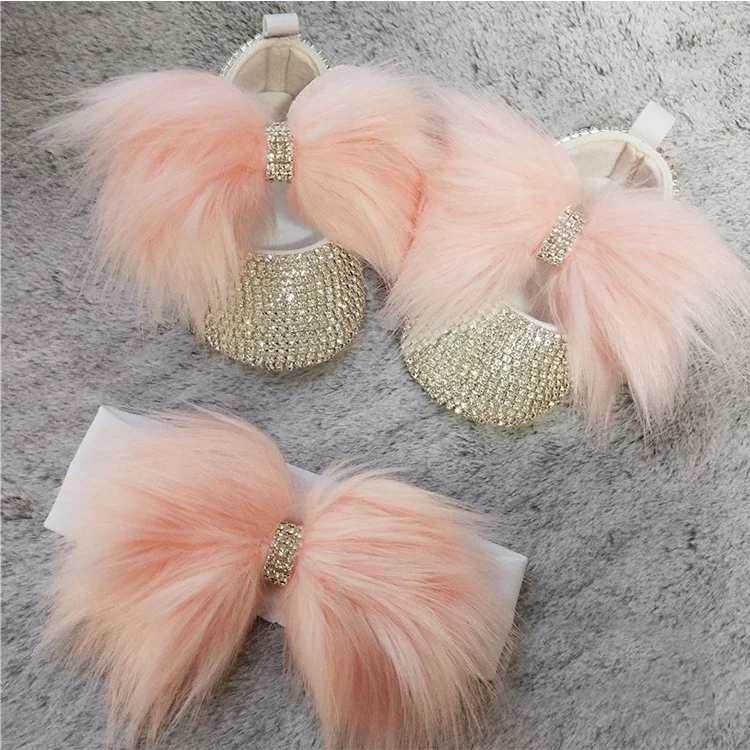 

Luxury Custom Fur Newborn Infant Shoes Bling Baby Girls Shoes with Headband Set for Party Wedding