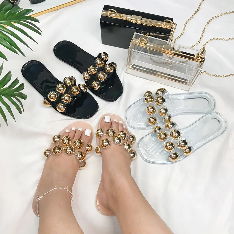 

2022 Fashion New Arrival Jelly Shoes Women Sandals Outdoor Beach Women Slipper with Cute Ball Decoration, Black, nude, clear