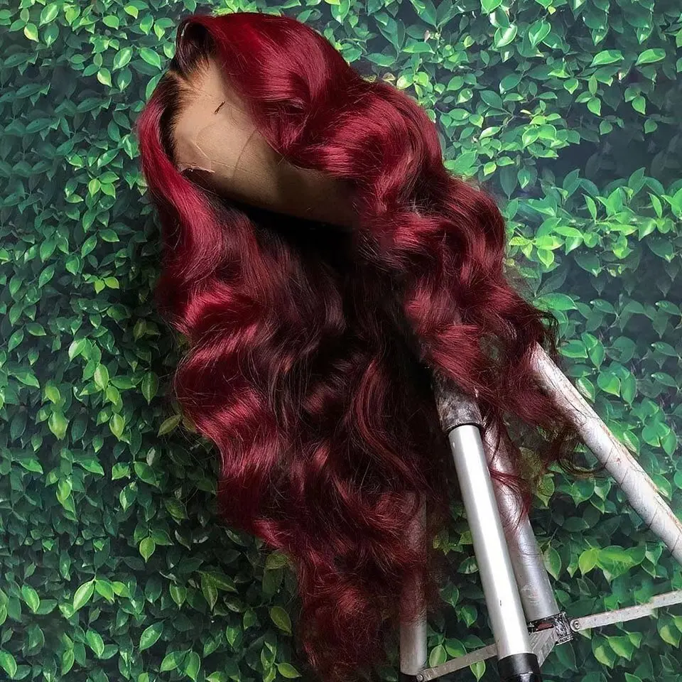 

13*6 Body Wave Burgundy Human Hair Wigs Glueless 99J Lace Front 150% Density Pre Plucked Red Lace Front Hair Wig for Black Women
