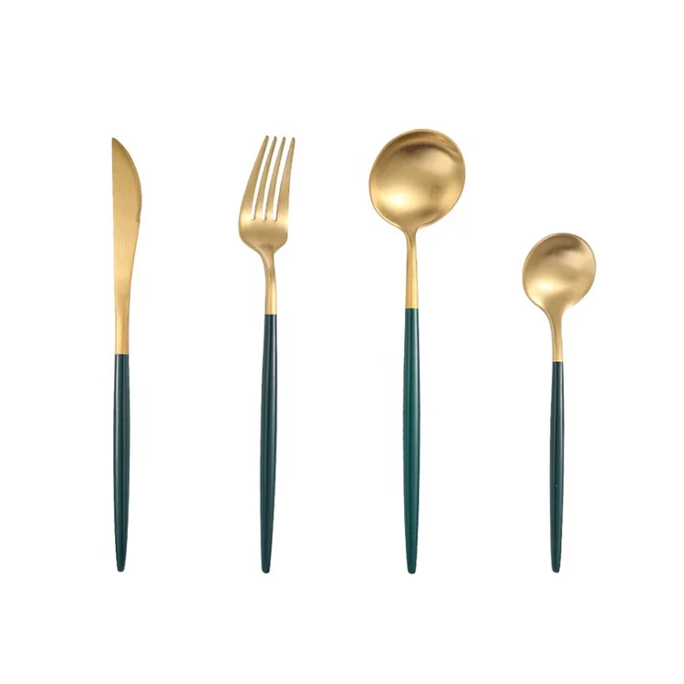 

High -end luxury 304 dark green gold stainless steel cutlery set silver spoon fork knife flatware metal cutlery, Customized color