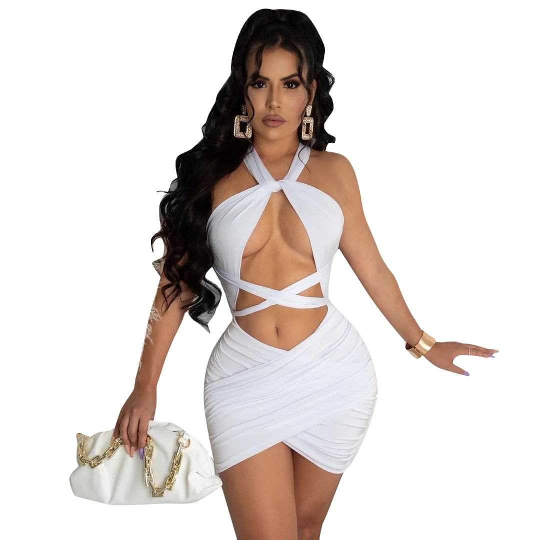 

New products sleeveless backless bodycon sexy summer women halter elegant casual rib knit sun dresses, Picture color