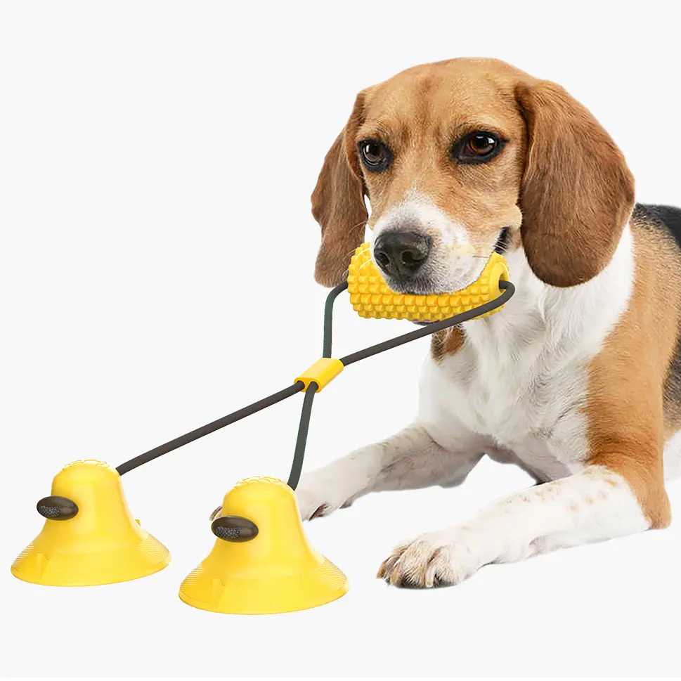 

Hot Sellings 2020 Amazon TPR Durable Interactive Double Suction Cup Dog Chew Toy with corn shape molar stick dog toothbrush toy, Yellow