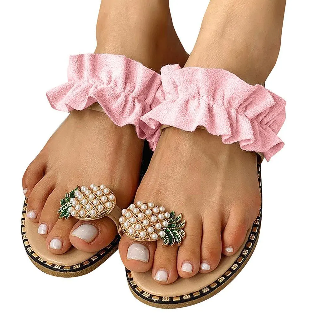 

Summer's best selling hot style ladies' pineapple embel lishments flat slippers, Leopard,black,pink,yellow,green,blue