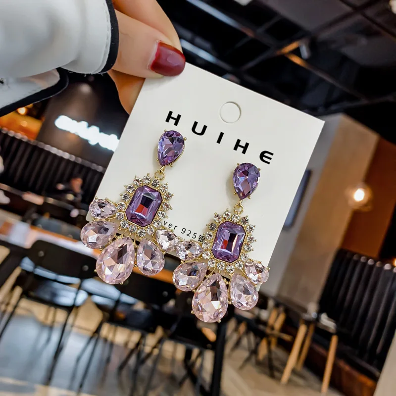 

Korea Long Raw Natural Crystal Bridal Pink Crystal Hanging Jewelry Zirconia Big Colored Quartz Crystal Drop Earrings, Colorful