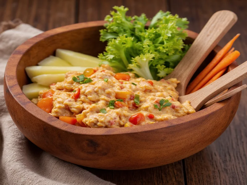 Wooden bowl with fresh dip ingredients and utensils