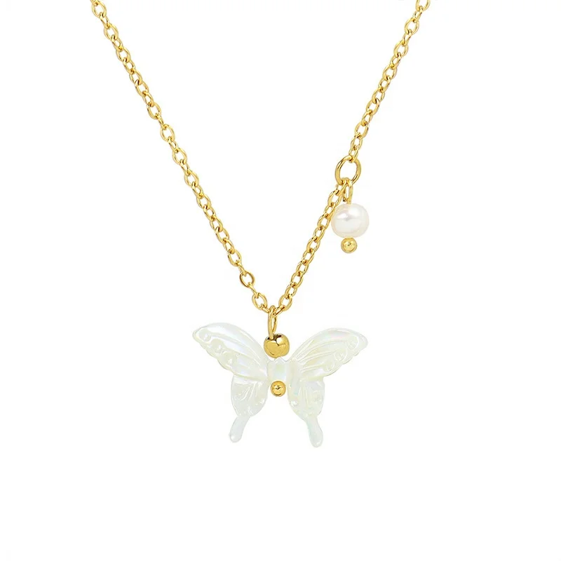 

Fashion Classic Unique Design Gold Plated Stainless Steel Freshwater Pearl Butterfly Shell Pendant Clavicle women Necklace