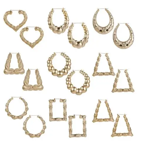 

Punk Gold Bamboo Earrings Fashion Various Geometric Heart-shaped Hoop Earrings for Women