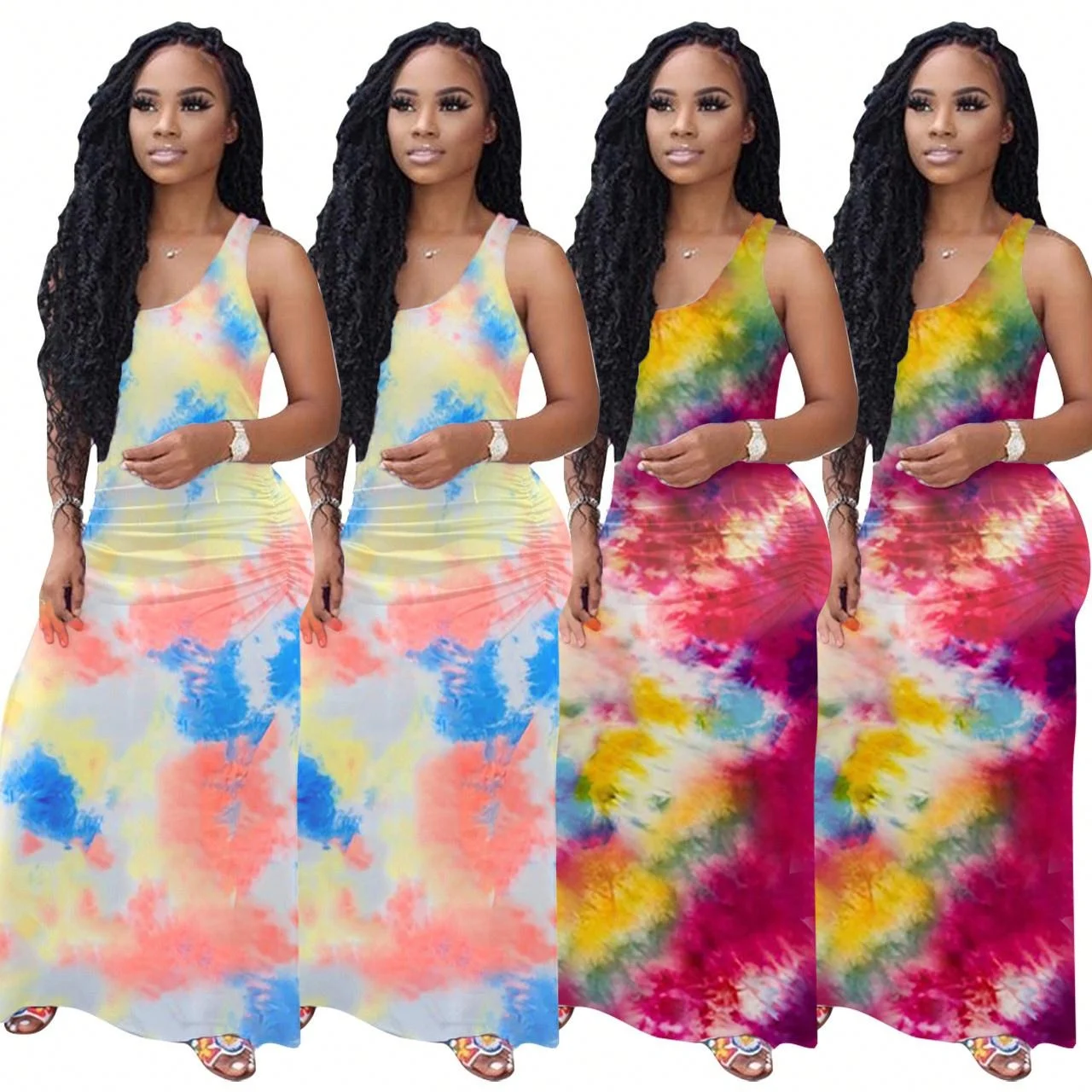 

Summer Women's Round Neck Sleeveless Printed Long Skirt Gradient Color Pleated Dress .