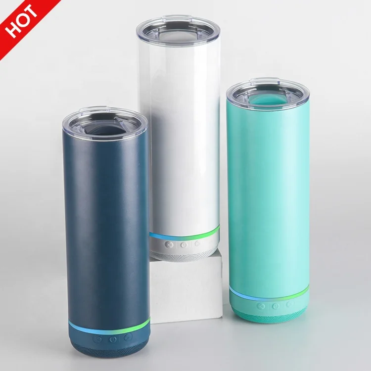 

US Warehouse Smart Music Mug Travel Stainless Steel Double Walls Sublimation Blank Straight Skinny Speaker Tumbler with Straw, Customized color