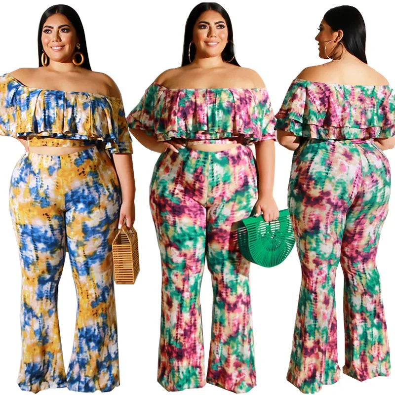 

2021 new arrival summer stylish printing women 2 pieces set plus size casual boat neck long pant ladies set