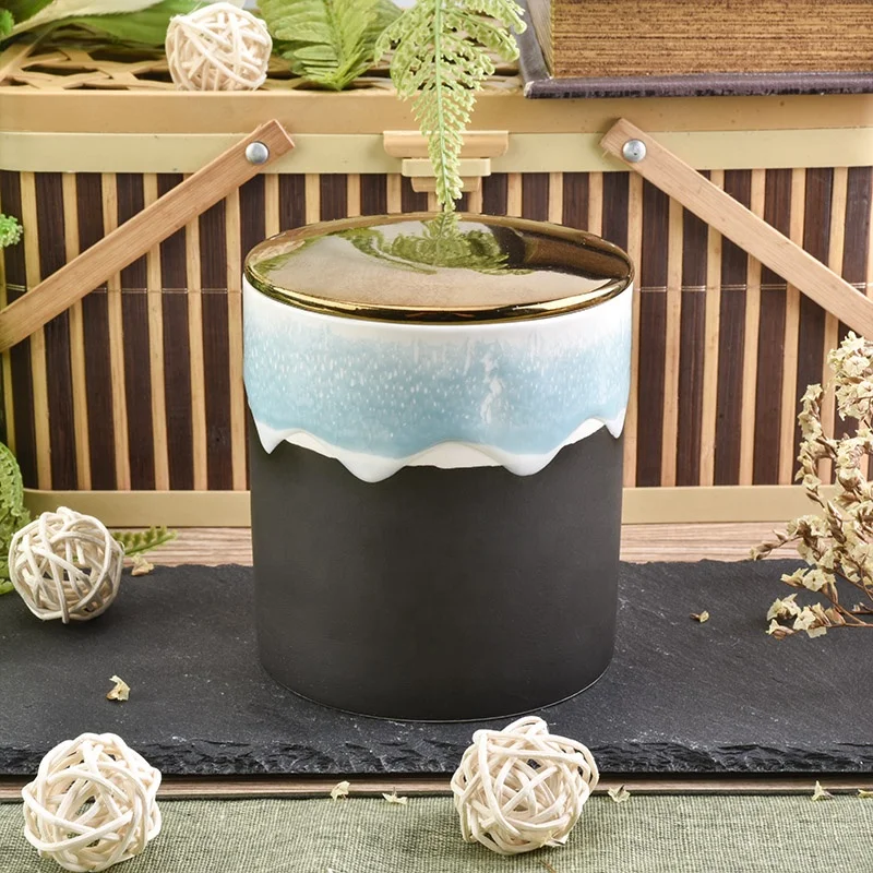 Cylinder handmade printing ceramic candle jar tea light candle holder with metal lids home decorative