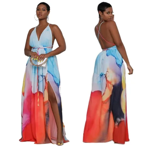 

Summer Women Clothing Tie dye Print Floor-Length dress women Casual Sleeveless Holiday lady elegant dress women